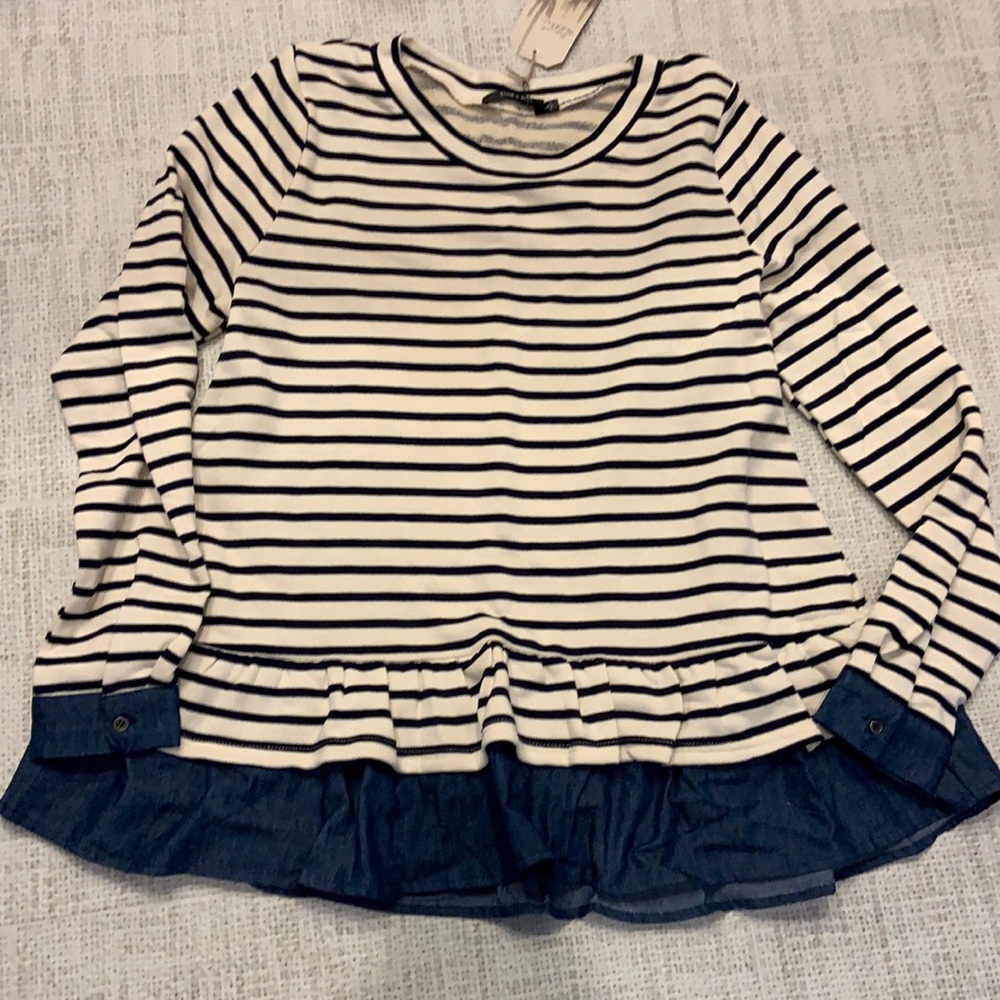 NWT Doe & Rae Womens Ivory Navy striped W/ denim ruffle Top Sweatshirt Size L